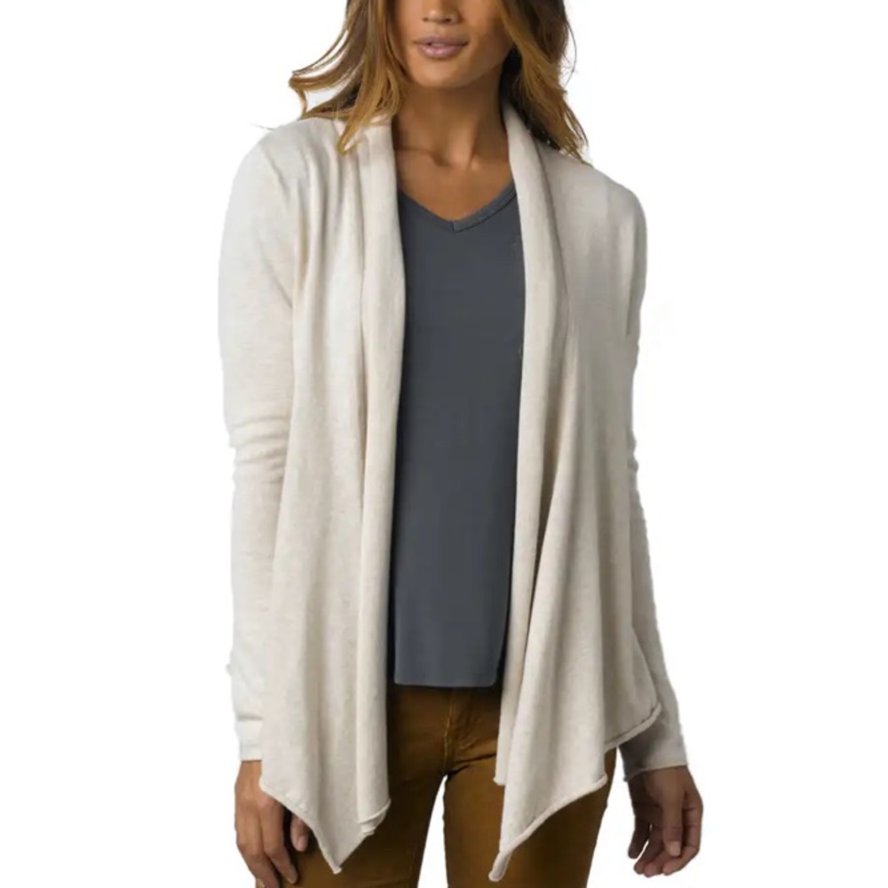 PRANA oatmeal wrap cardigan rolled edges shawl collar 100% organic cotton small